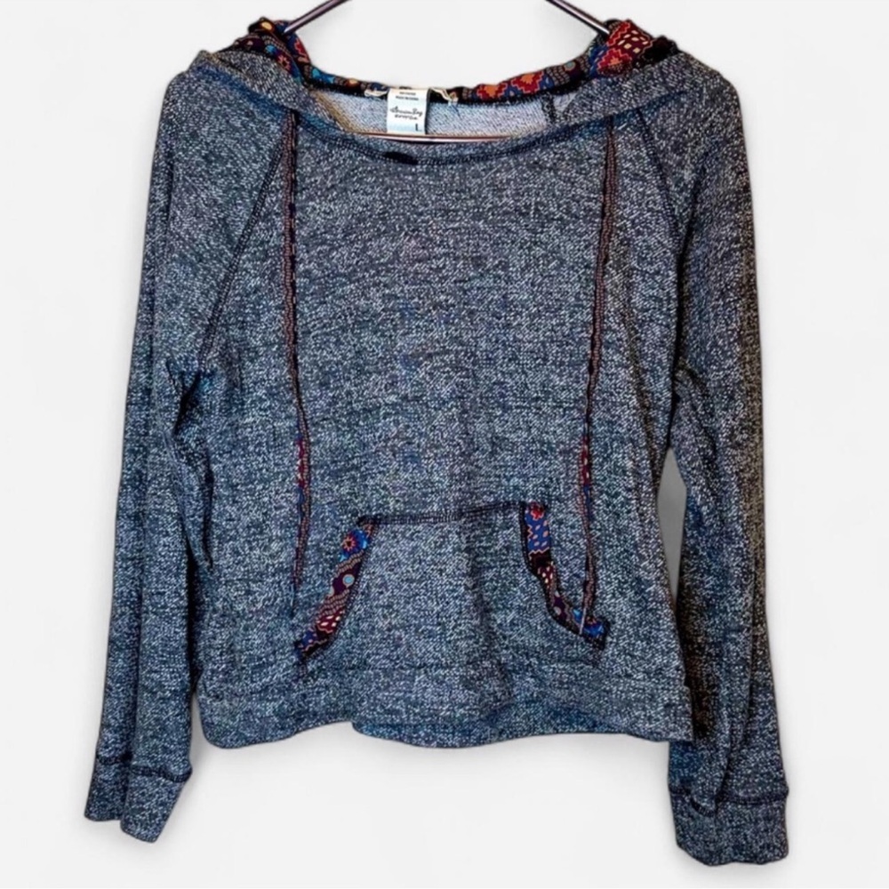 American Rag Gray Hooded Sweatshirt with Patterned Trim - Large
